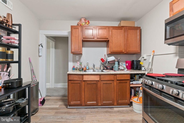 kitchen featuring stainless steel appliances, sink, and light hardwood / wood-style flooring