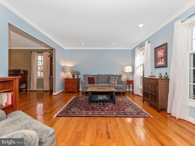 living room featuring crown molding and light hardwood / wood-style flooring