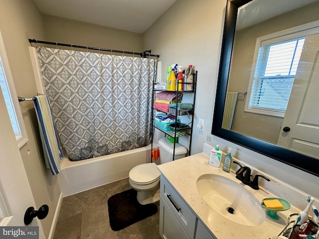 full bathroom featuring vanity, shower / tub combo, and toilet