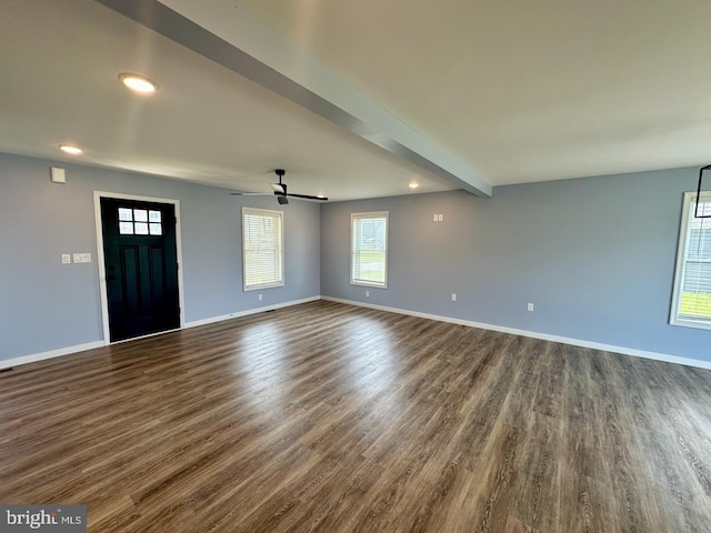 2040 Jelena Rd, Shippensburg, PA 17257 - unfurnished living room with a ceiling fan, dark wood finished floors, baseboards, recessed lighting, and beamed ceiling
