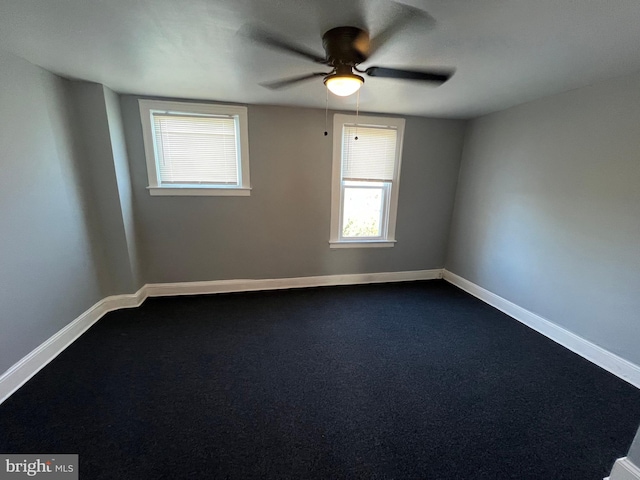 empty room featuring ceiling fan and carpet flooring