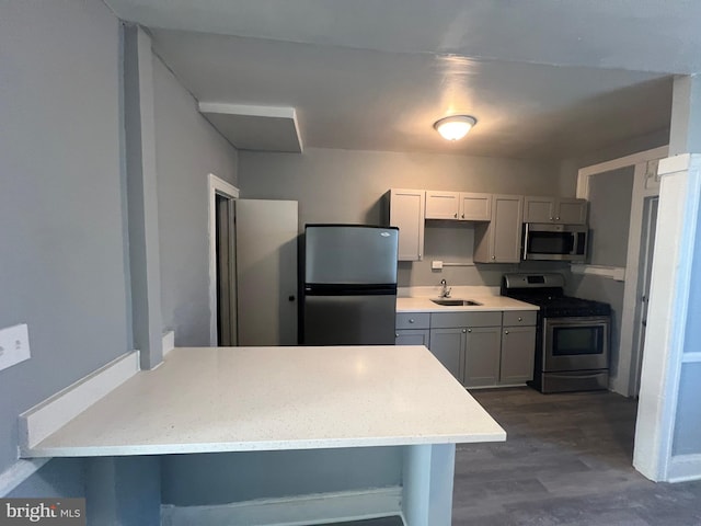 kitchen featuring kitchen peninsula, stainless steel appliances, dark wood-type flooring, and sink