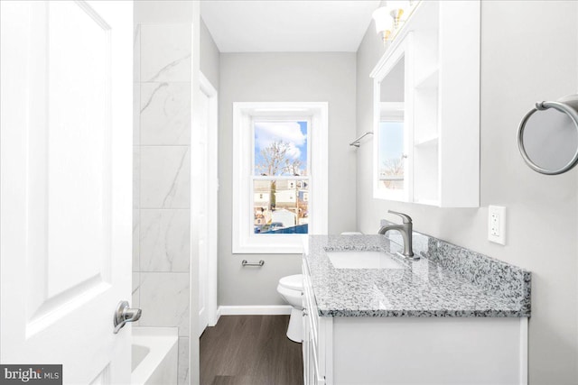 bathroom featuring toilet, vanity, and hardwood / wood-style flooring