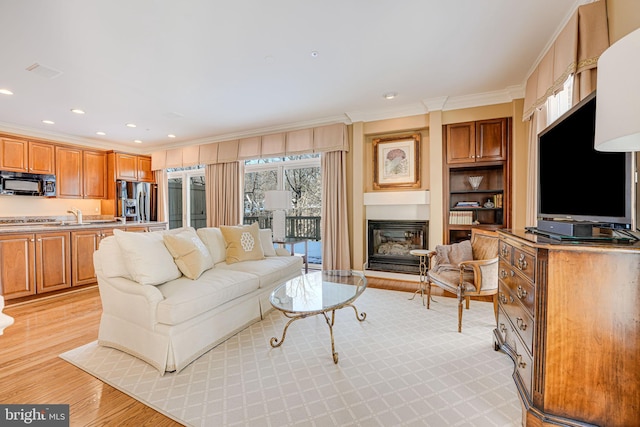 living room featuring light wood-type flooring, ornamental molding, and sink