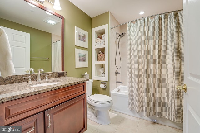 full bathroom featuring vanity, toilet, shower / tub combo, and tile patterned floors