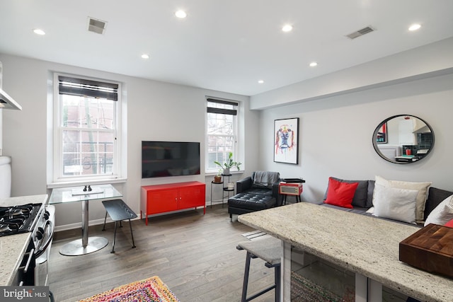 living room with dark wood-type flooring