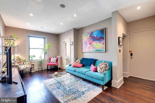 living room with dark hardwood / wood-style floors