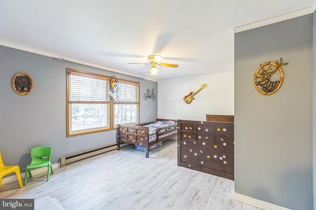 bedroom featuring light wood-type flooring, baseboard heating, ceiling fan, and ornamental molding