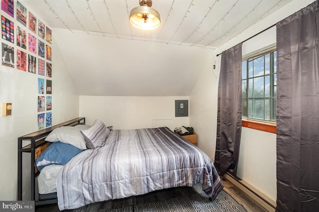 bedroom with baseboard heating and lofted ceiling