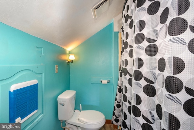 bathroom featuring toilet, a shower with curtain, and vaulted ceiling