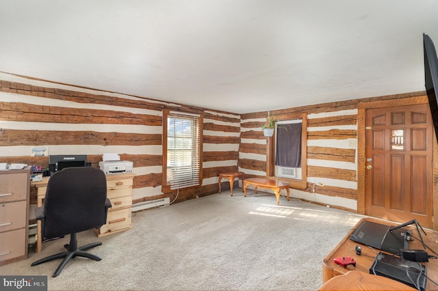 home office featuring carpet flooring and baseboard heating