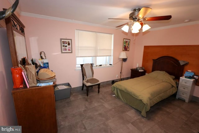 bedroom with ornamental molding and ceiling fan