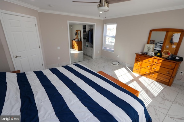 bedroom featuring ceiling fan, crown molding, and a closet