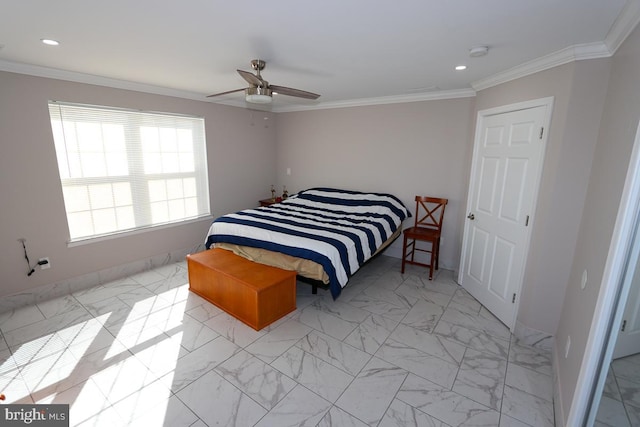 bedroom featuring ceiling fan and crown molding