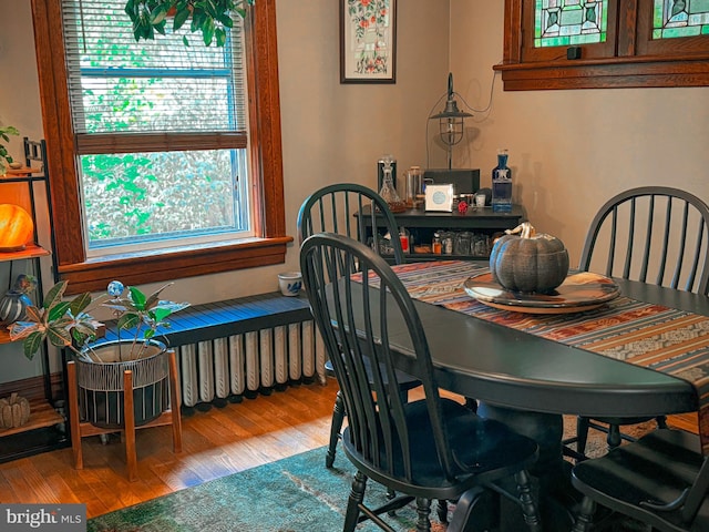 dining area with plenty of natural light and hardwood / wood-style floors