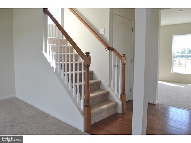 stairs featuring hardwood / wood-style floors