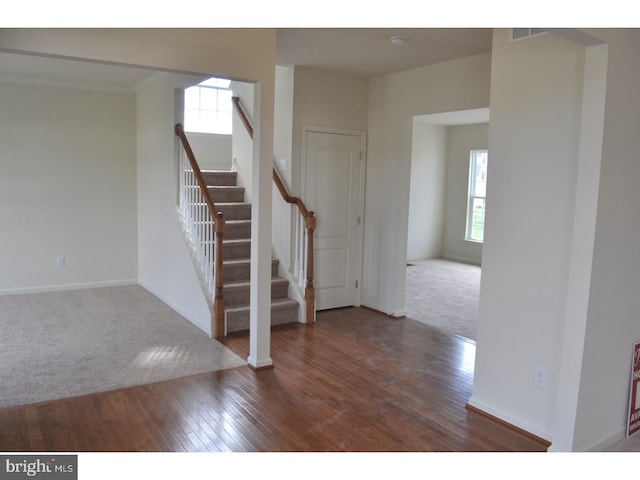 interior space featuring wood-type flooring, crown molding, and a wealth of natural light