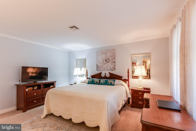 bedroom featuring light colored carpet, multiple windows, and ornamental molding