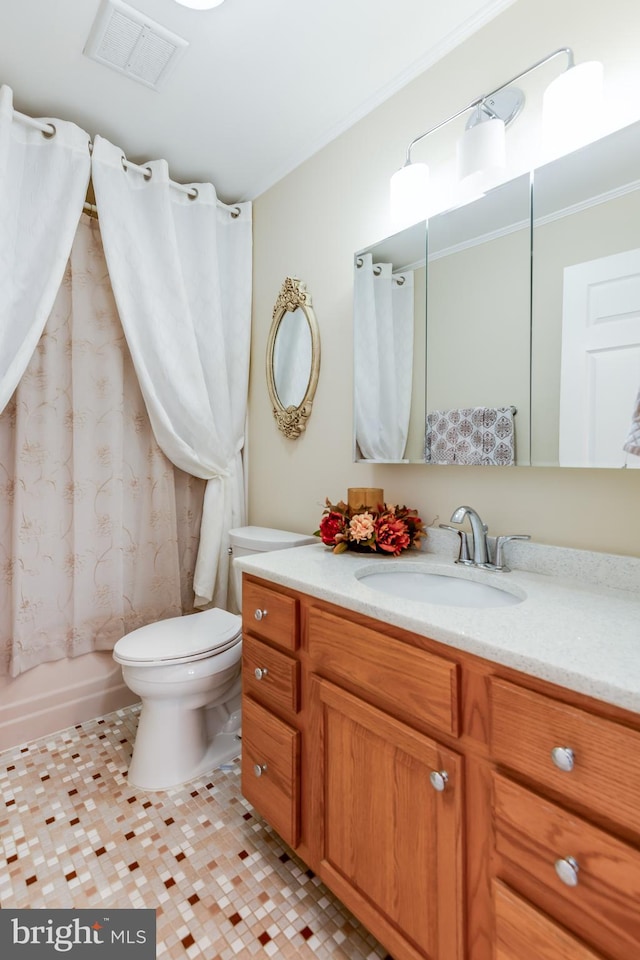 full bathroom featuring vanity, toilet, shower / bath combination with curtain, and crown molding