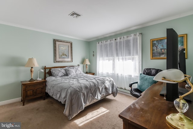 carpeted bedroom with a baseboard radiator and crown molding