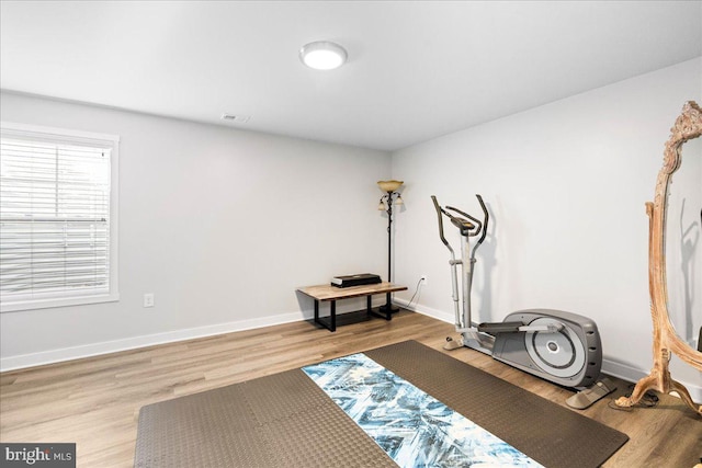 workout room featuring hardwood / wood-style flooring