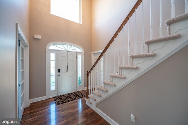 foyer entrance with dark hardwood / wood-style floors, plenty of natural light, and a high ceiling