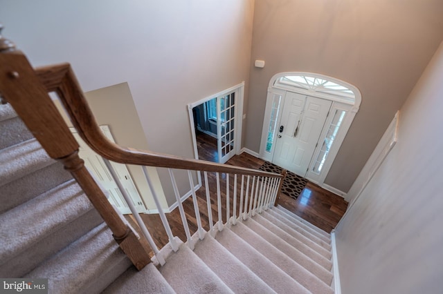 foyer entrance featuring a high ceiling and wood-type flooring