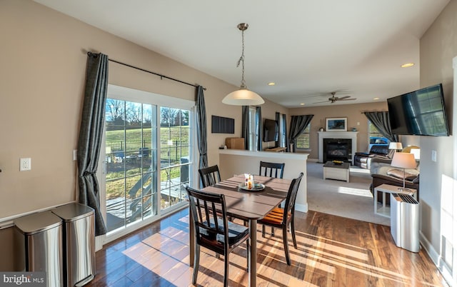 dining area featuring wood-type flooring and ceiling fan