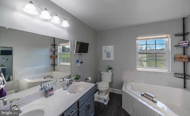 bathroom with vanity, hardwood / wood-style flooring, toilet, and a healthy amount of sunlight