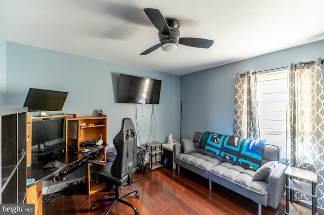 office area featuring dark hardwood / wood-style floors and ceiling fan