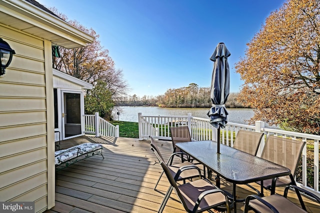 wooden terrace featuring a water view