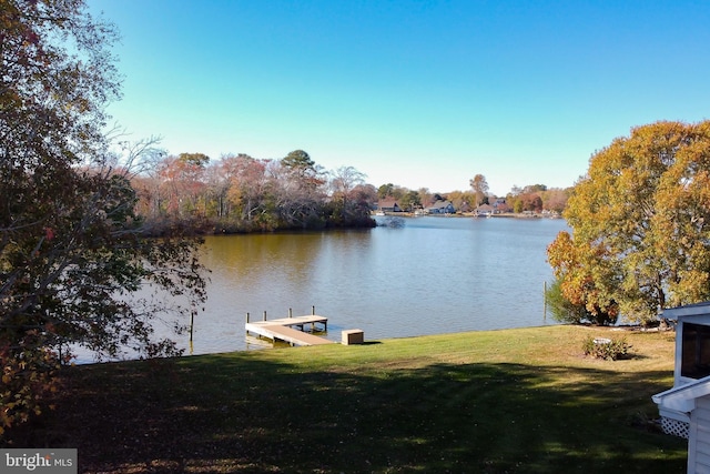 dock area with a water view and a yard