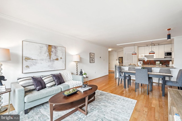 living room featuring ornamental molding and light wood-type flooring