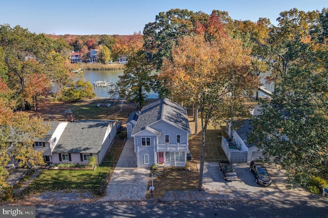 drone / aerial view featuring a water view