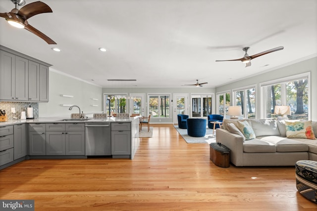 kitchen featuring dishwasher, plenty of natural light, sink, and light hardwood / wood-style flooring