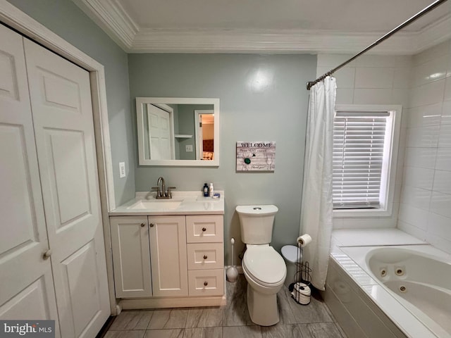 full bathroom featuring toilet, vanity, shower / bath combo with shower curtain, and crown molding