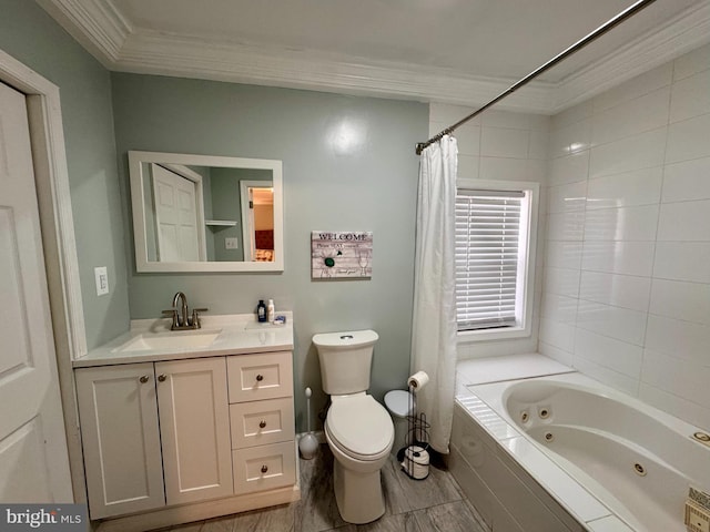 full bathroom featuring toilet, hardwood / wood-style flooring, vanity, crown molding, and shower / bath combination with curtain