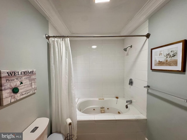 bathroom featuring shower / tub combo with curtain and ornamental molding