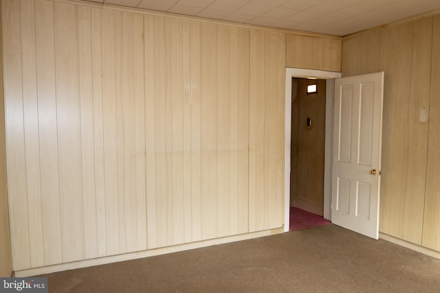 carpeted spare room with wood walls