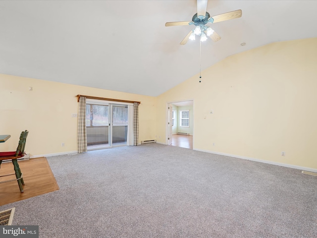 unfurnished living room with carpet, baseboard heating, vaulted ceiling, and ceiling fan