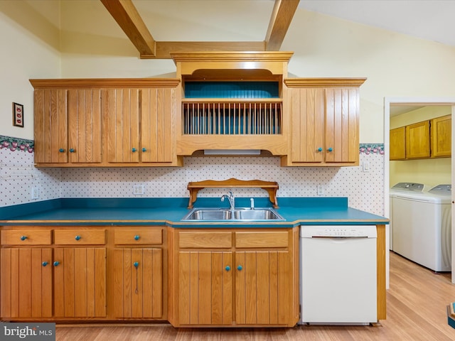 kitchen with sink, white dishwasher, lofted ceiling, decorative backsplash, and light wood-type flooring