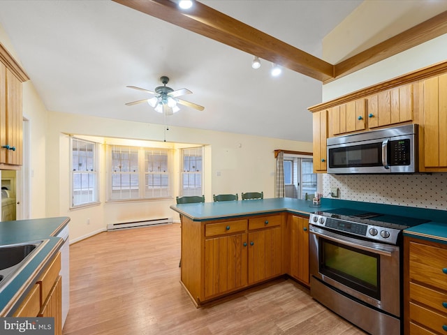 kitchen with kitchen peninsula, light hardwood / wood-style flooring, stainless steel appliances, and a baseboard radiator