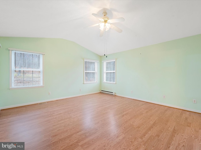 spare room featuring vaulted ceiling, ceiling fan, light hardwood / wood-style floors, and a baseboard radiator