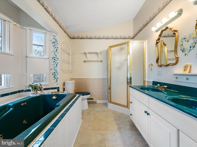 full bathroom with vanity, baseboard heating, shower with separate bathtub, toilet, and lofted ceiling