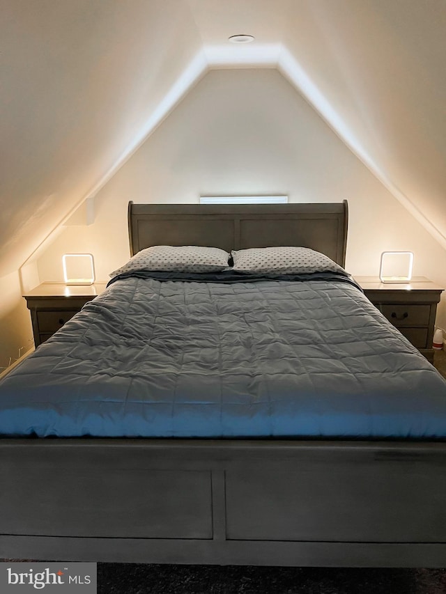 bedroom featuring lofted ceiling