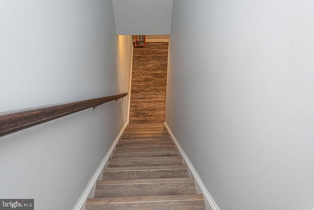 stairway with hardwood / wood-style flooring