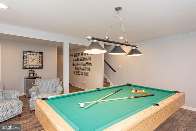 rec room featuring dark hardwood / wood-style floors and billiards