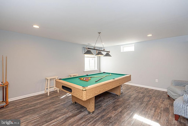 recreation room with dark hardwood / wood-style floors and pool table