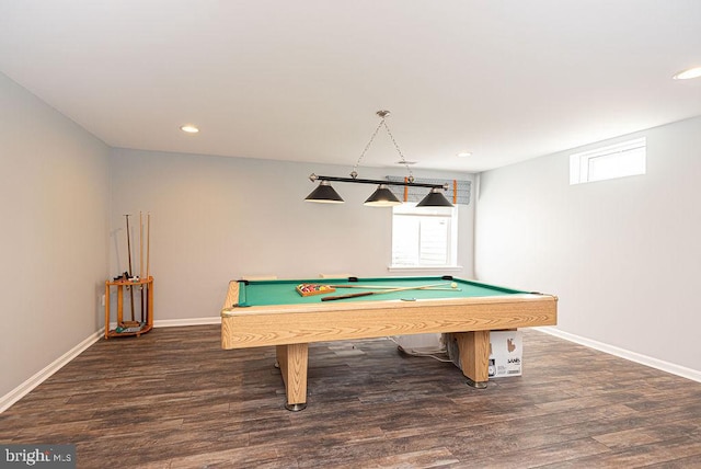 rec room with dark hardwood / wood-style floors and billiards