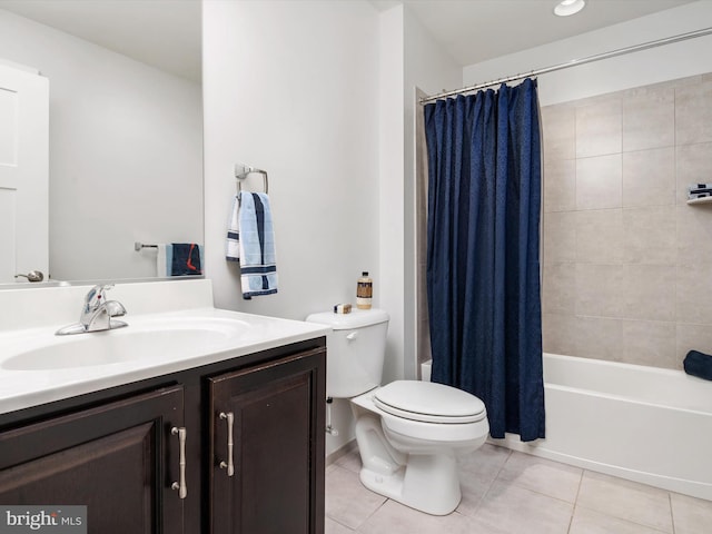 full bathroom with toilet, vanity, tile patterned floors, and shower / bathtub combination with curtain